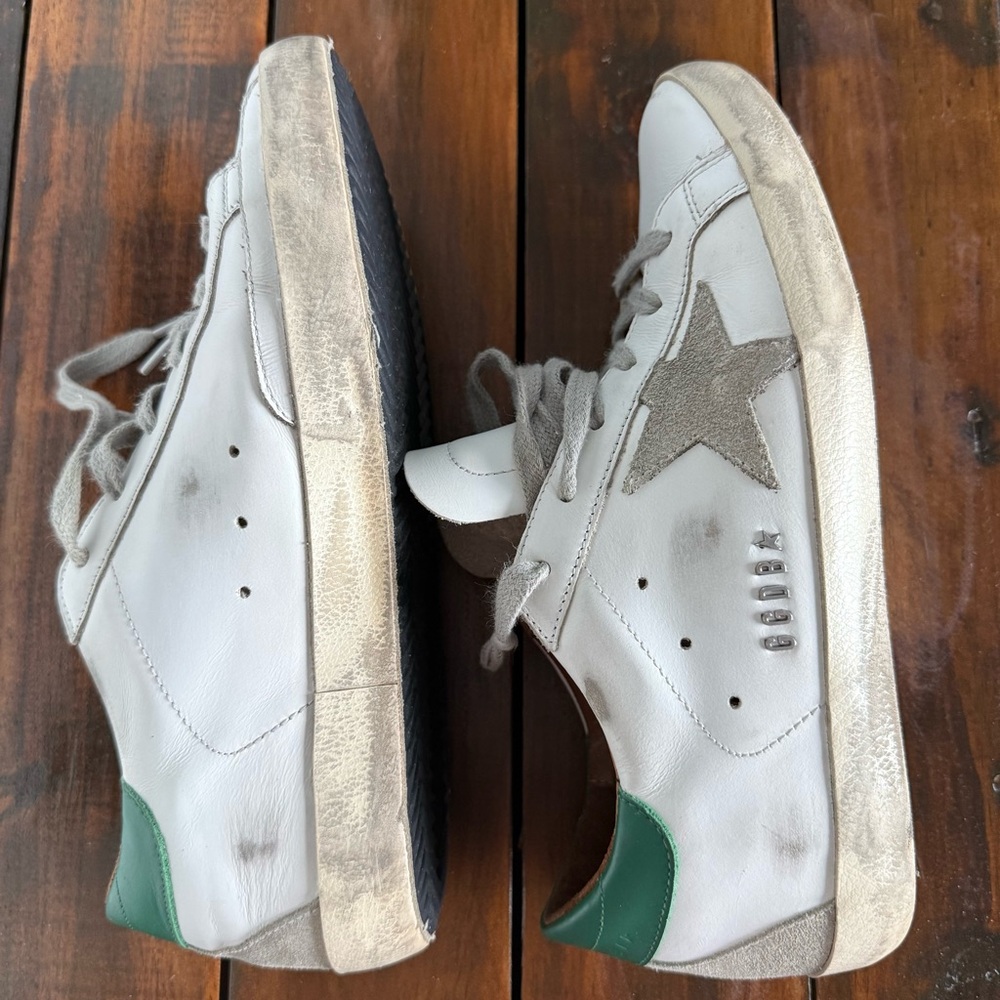 Authentic Golden Goose White Leather Sneakers with Green Heel 38 EUC Dust bag